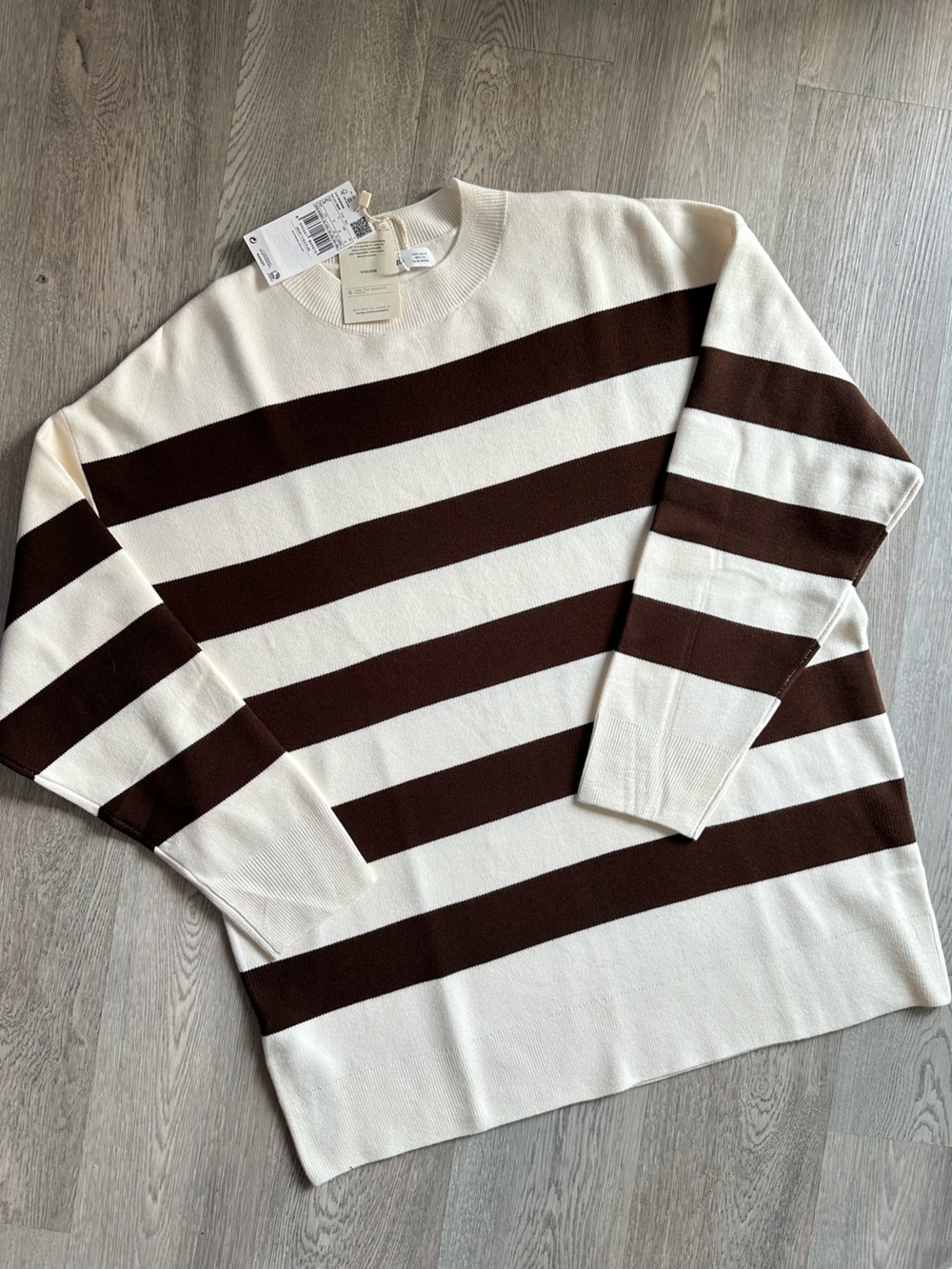 Mango Men’s Cream and Brown Wide-Stripe Crewneck Sweater